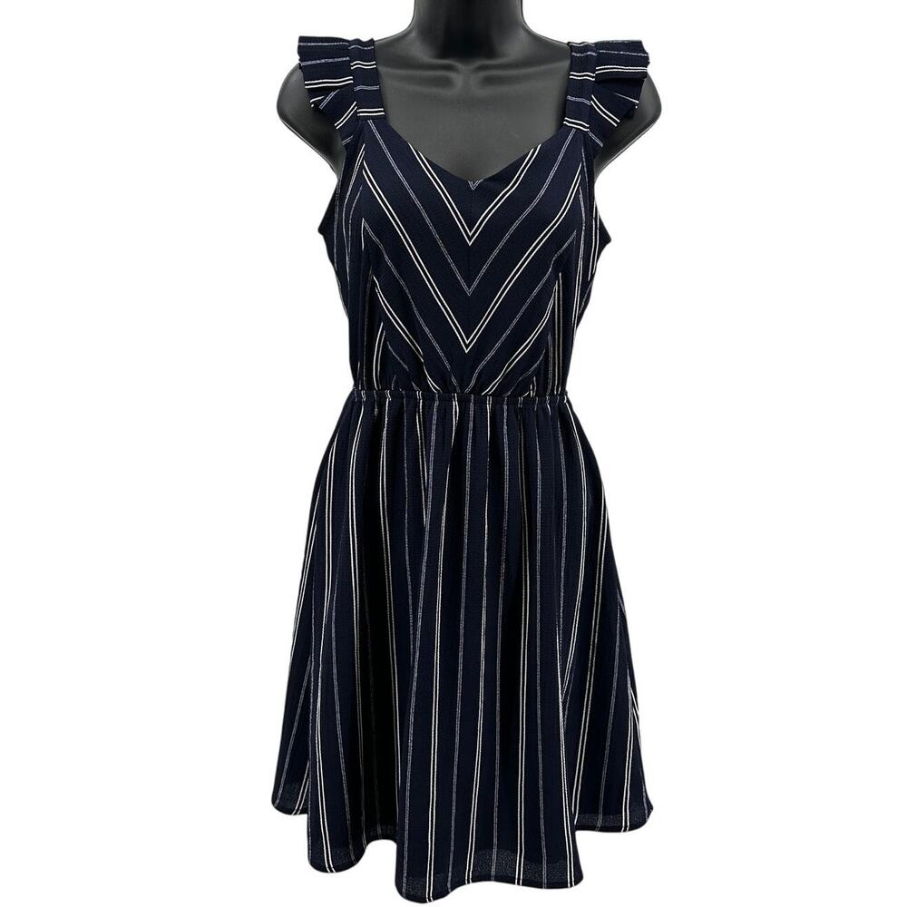 Monteau Mini Dress Womens S Dark Blue White Striped A-Line Flutter Sleeve Lined